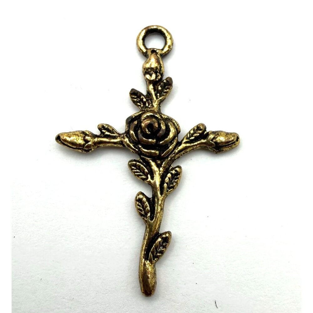 Vintage Rose Cross Pendant Gold Tone Floral Gothic Religious Charm